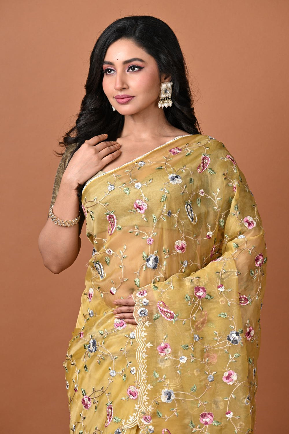Mustard Eleganza Embroidered Organza Saree