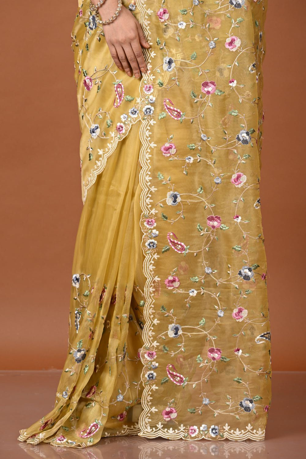 Mustard Eleganza Embroidered Organza Saree