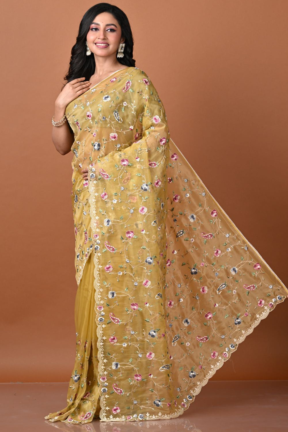 Mustard Eleganza Embroidered Organza Saree