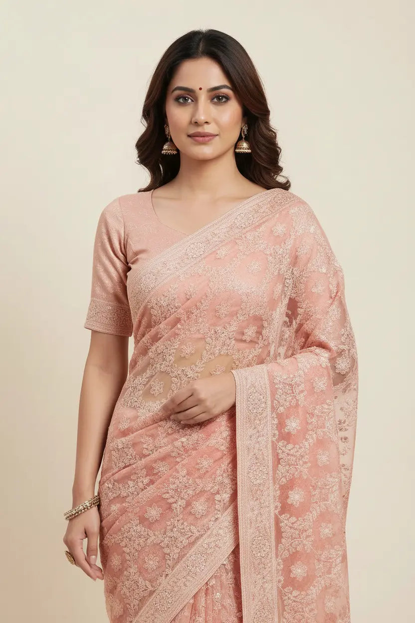 Woman wearing a pink saree with a beige background