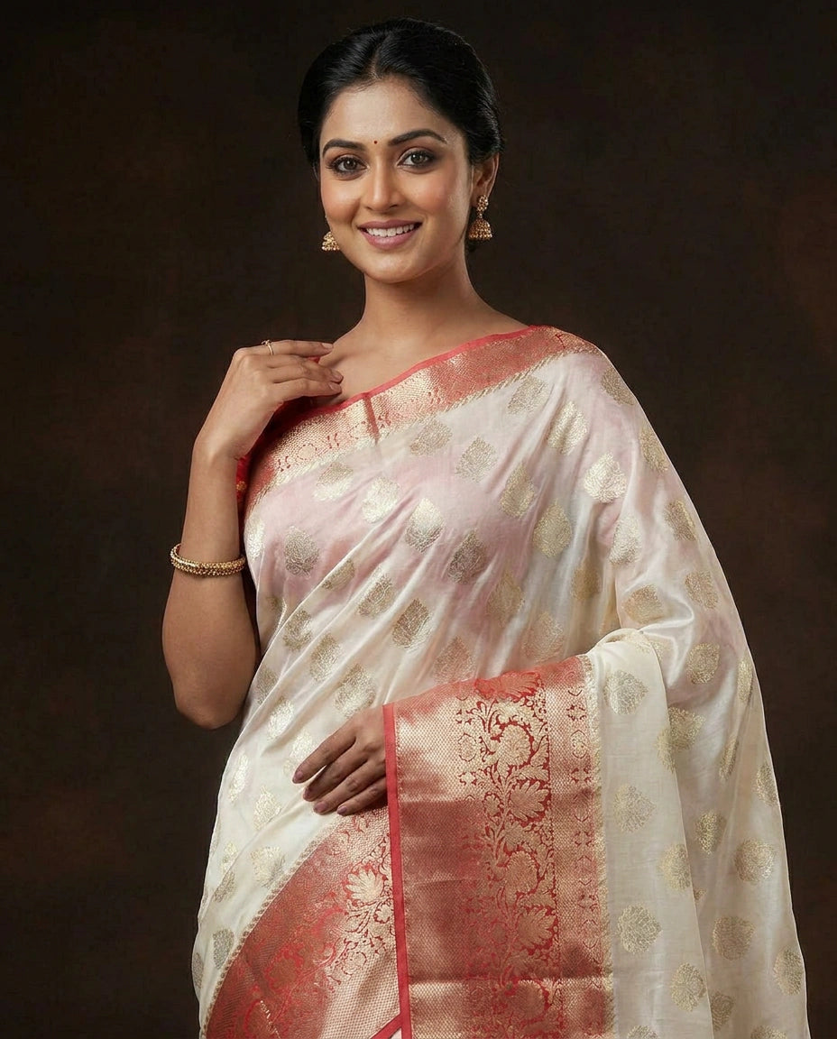 Off White Banarasi Saree in Chiniya Silk - Rangoli India