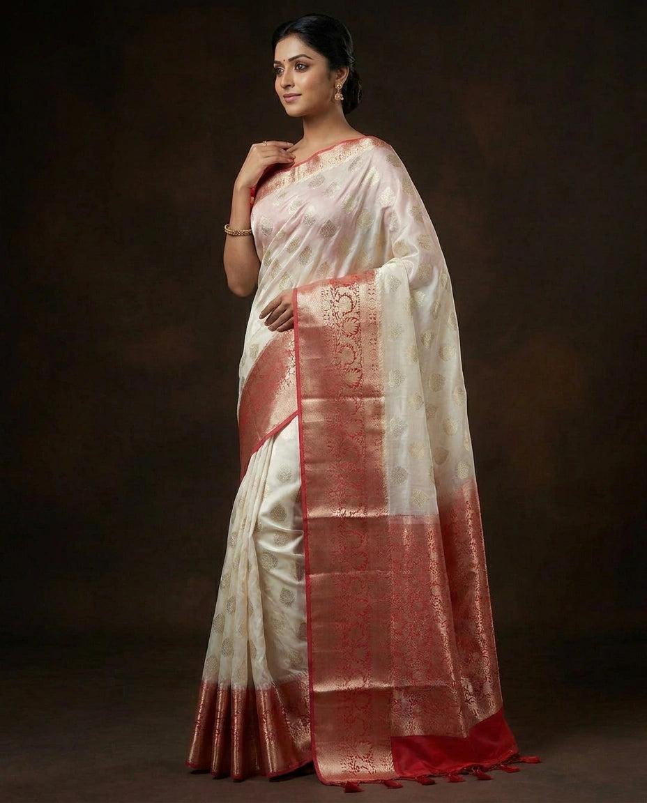 Off White Banarasi Saree in Chiniya Silk - Rangoli India