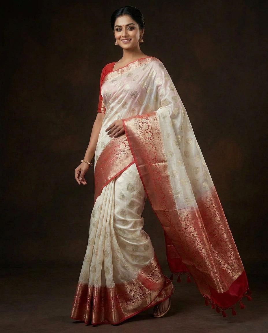 Off White Banarasi Saree in Chiniya Silk - Rangoli India