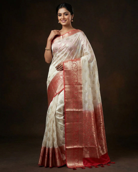 Off White Banarasi Saree in Chiniya Silk - Rangoli India
