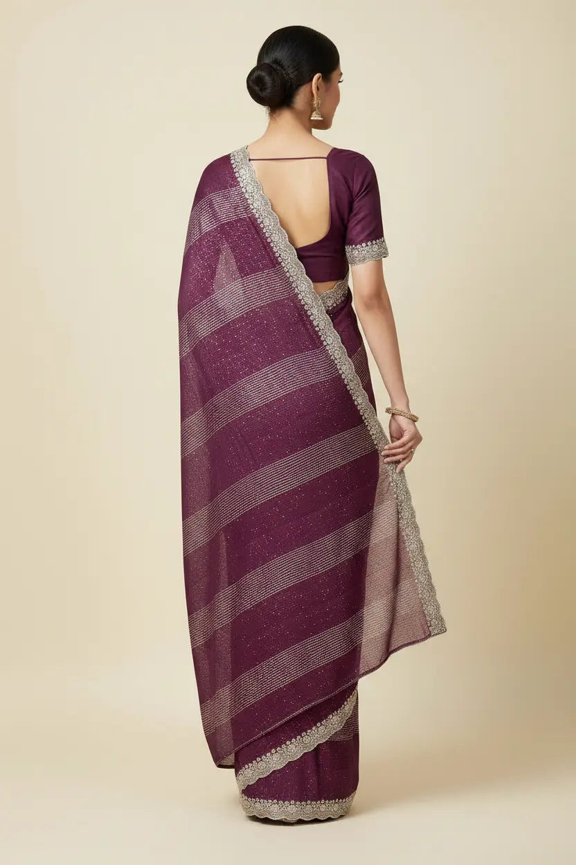 Woman wearing a purple saree with a beige background