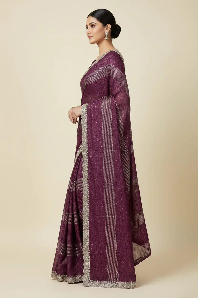 Woman wearing a purple saree with a beige background