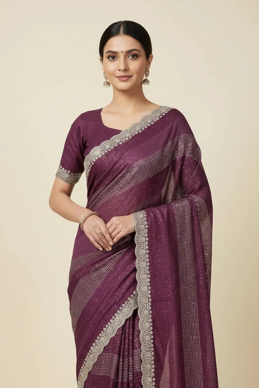 Woman wearing a purple saree with silver border on a beige background
