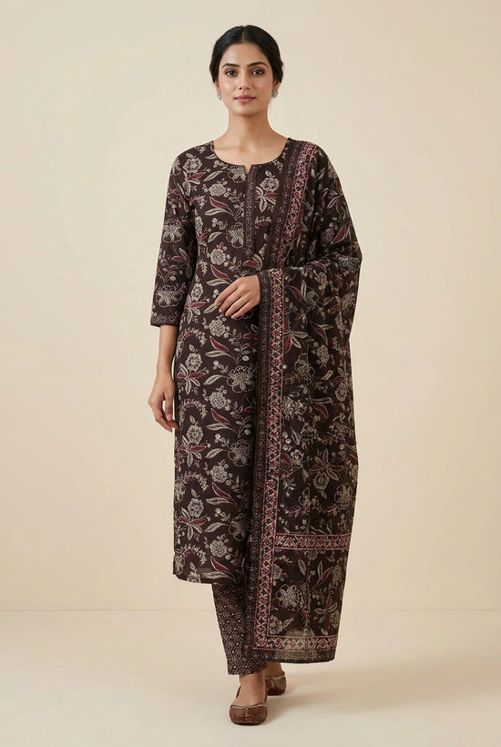 Brown Cotton Straight Suit with Tassel Hem for Lounge Wear