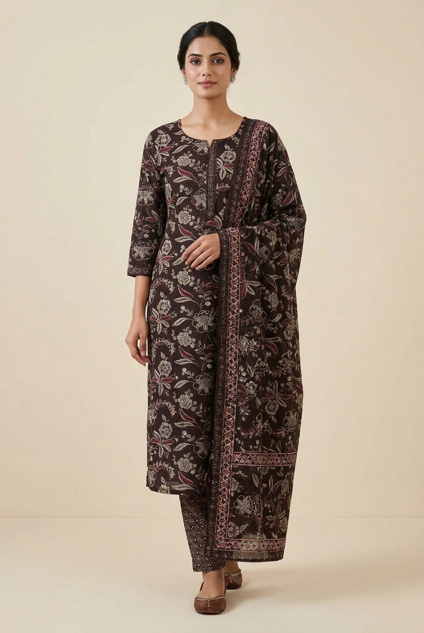 Brown Cotton Straight Suit with Tassel Hem for Lounge Wear