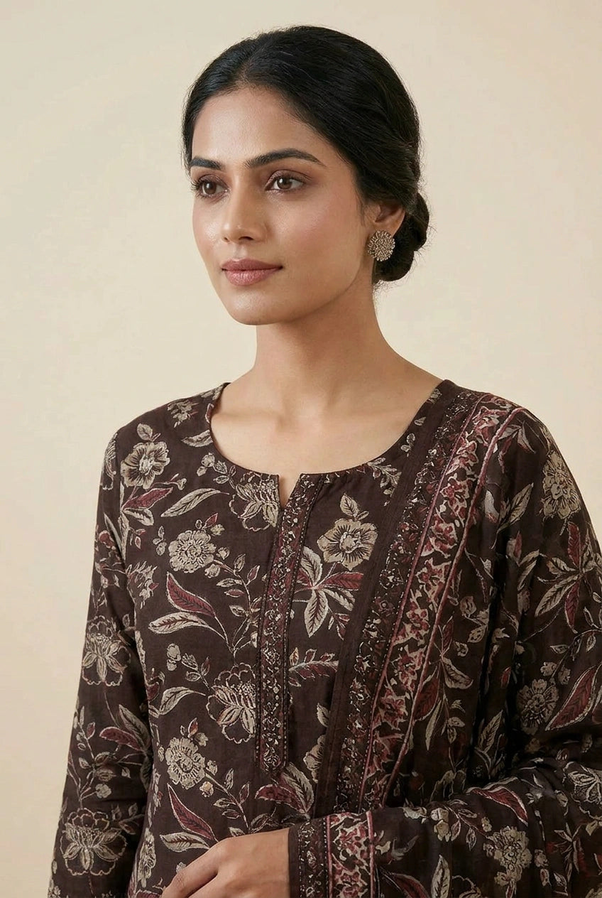 Brown Cotton Straight Suit with Tassel Hem for Lounge Wear