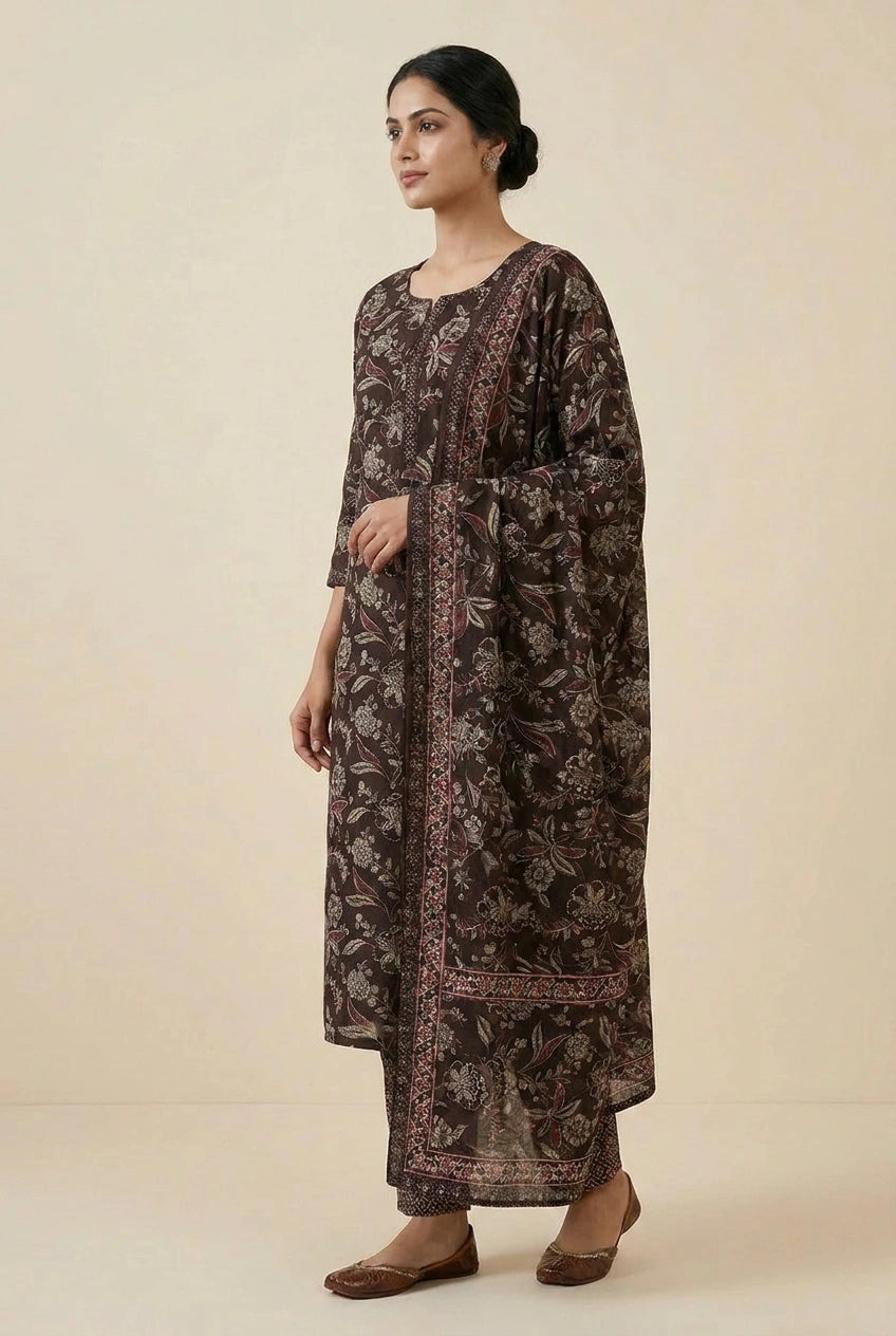 Brown Cotton Straight Suit with Tassel Hem for Lounge Wear
