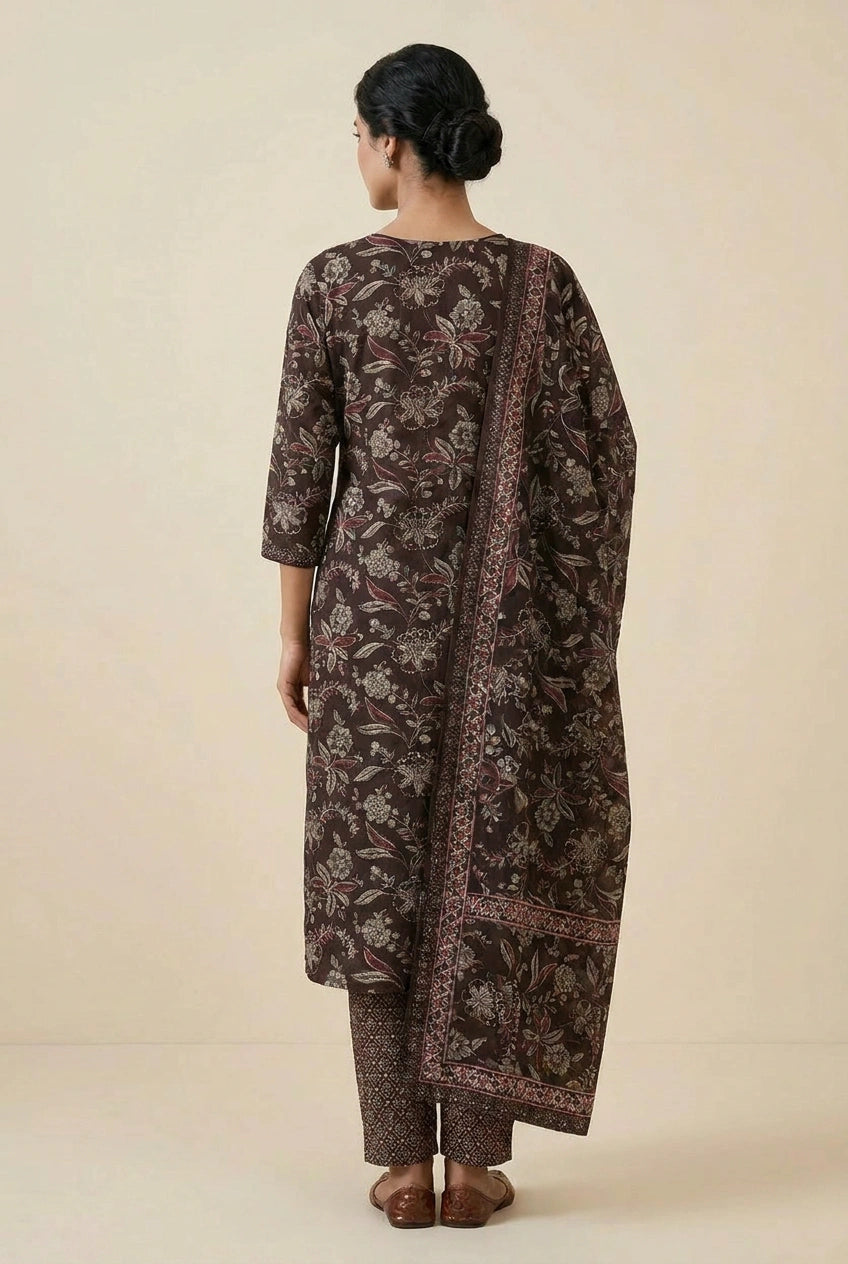 Brown Cotton Straight Suit with Tassel Hem for Lounge Wear