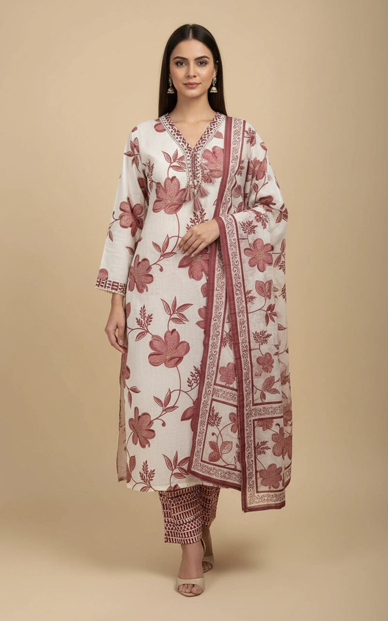 Cotton Straight Suit with Pintuck Detail