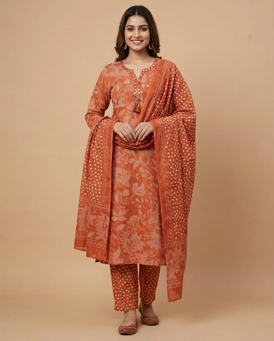 Cotton Straight Suit with Floral Print - Rangoli India