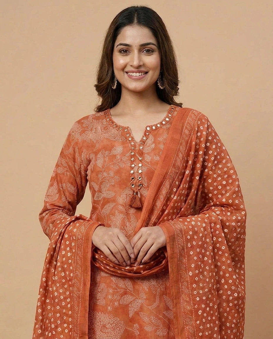 Cotton Straight Suit with Floral Print - Rangoli India