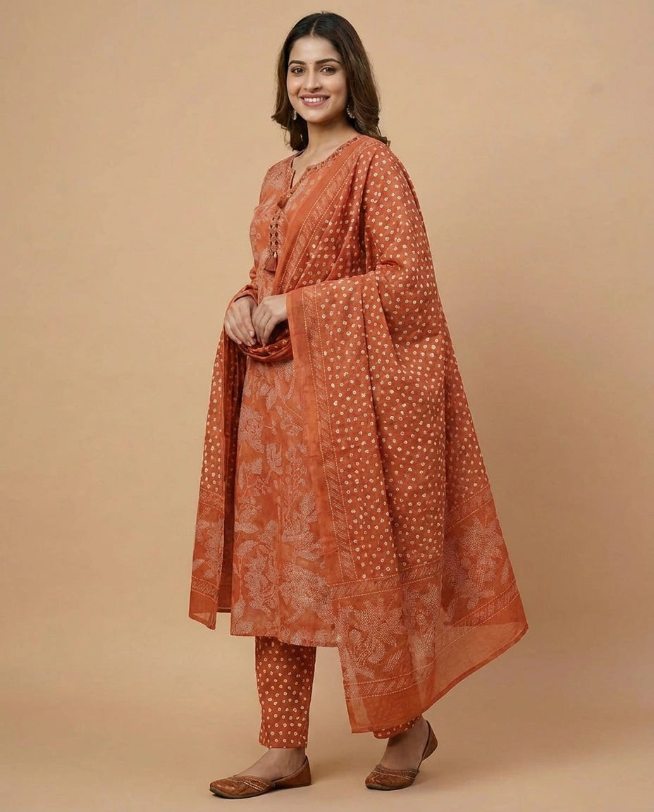Cotton Straight Suit with Floral Print - Rangoli India