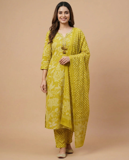Cotton Straight Suit with Floral Print - Rangoli India