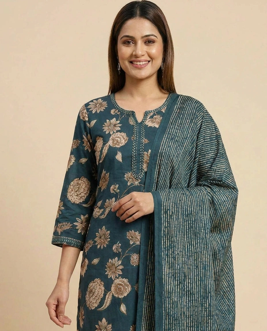 Cotton Straight Suit with Floral Print - Rangoli India