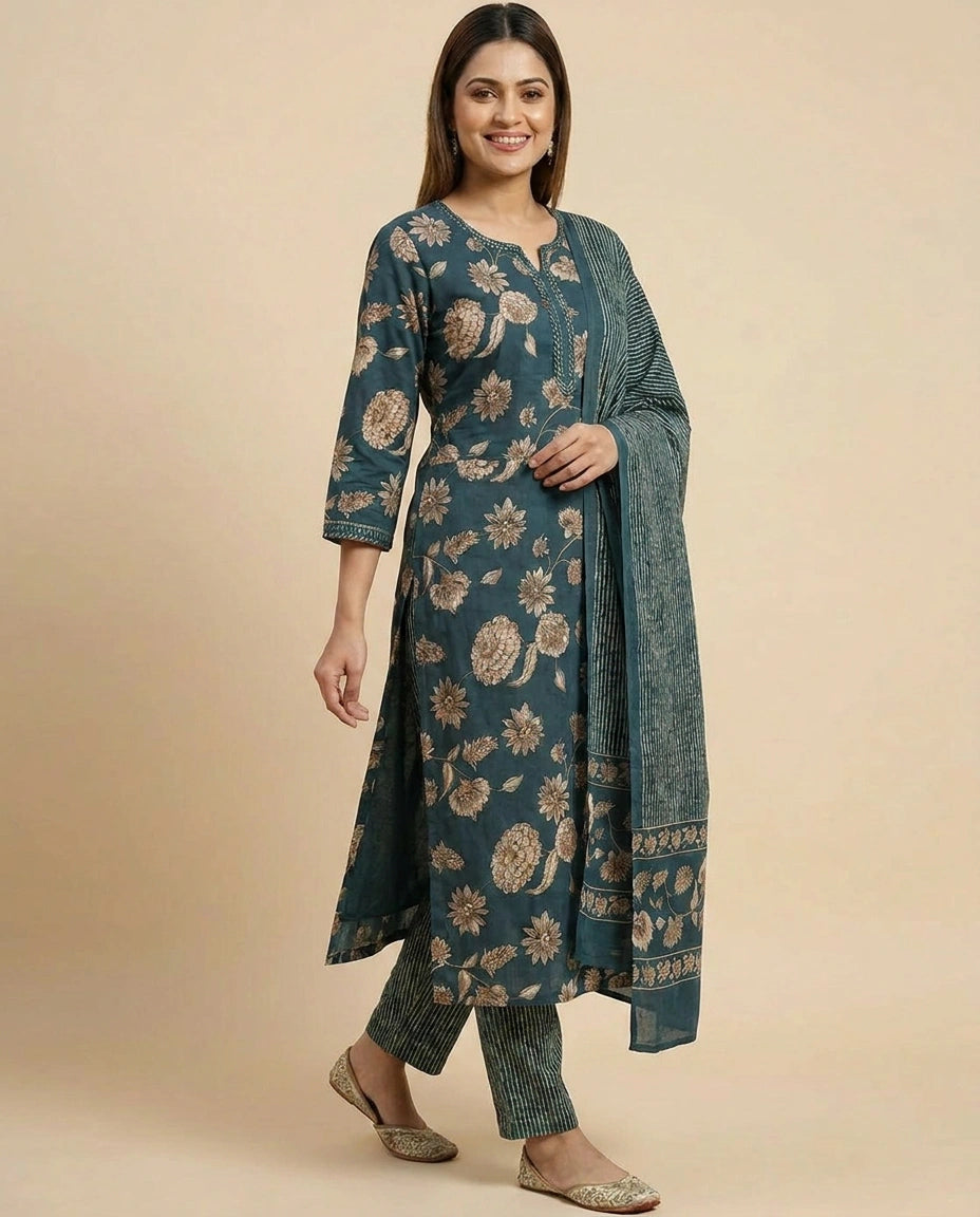 Cotton Straight Suit with Floral Print - Rangoli India