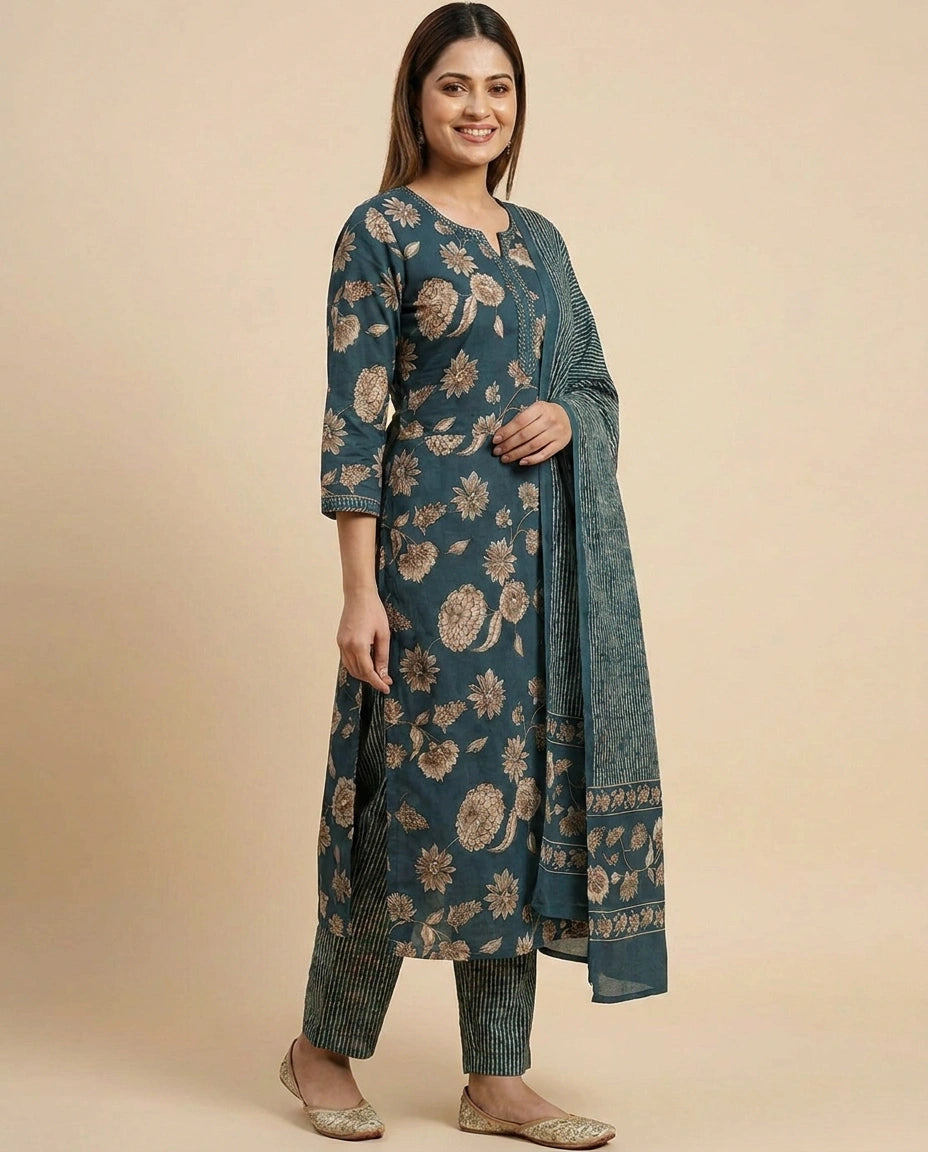 Cotton Straight Suit with Floral Print - Rangoli India