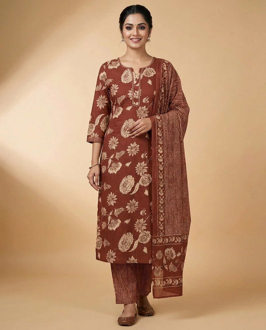 Cotton Straight Suit with Floral Print - Rangoli India