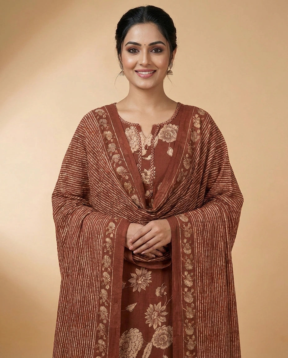 Cotton Straight Suit with Floral Print - Rangoli India