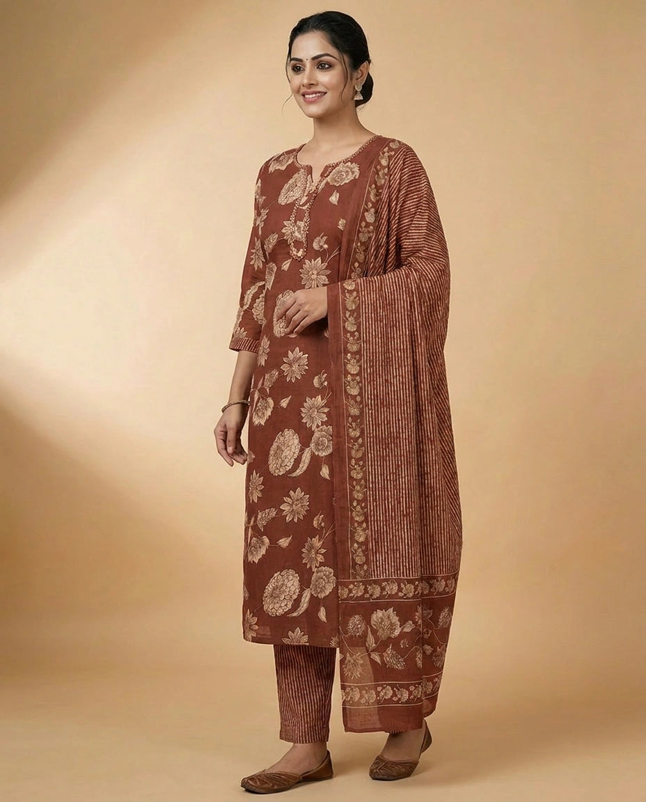 Cotton Straight Suit with Floral Print - Rangoli India
