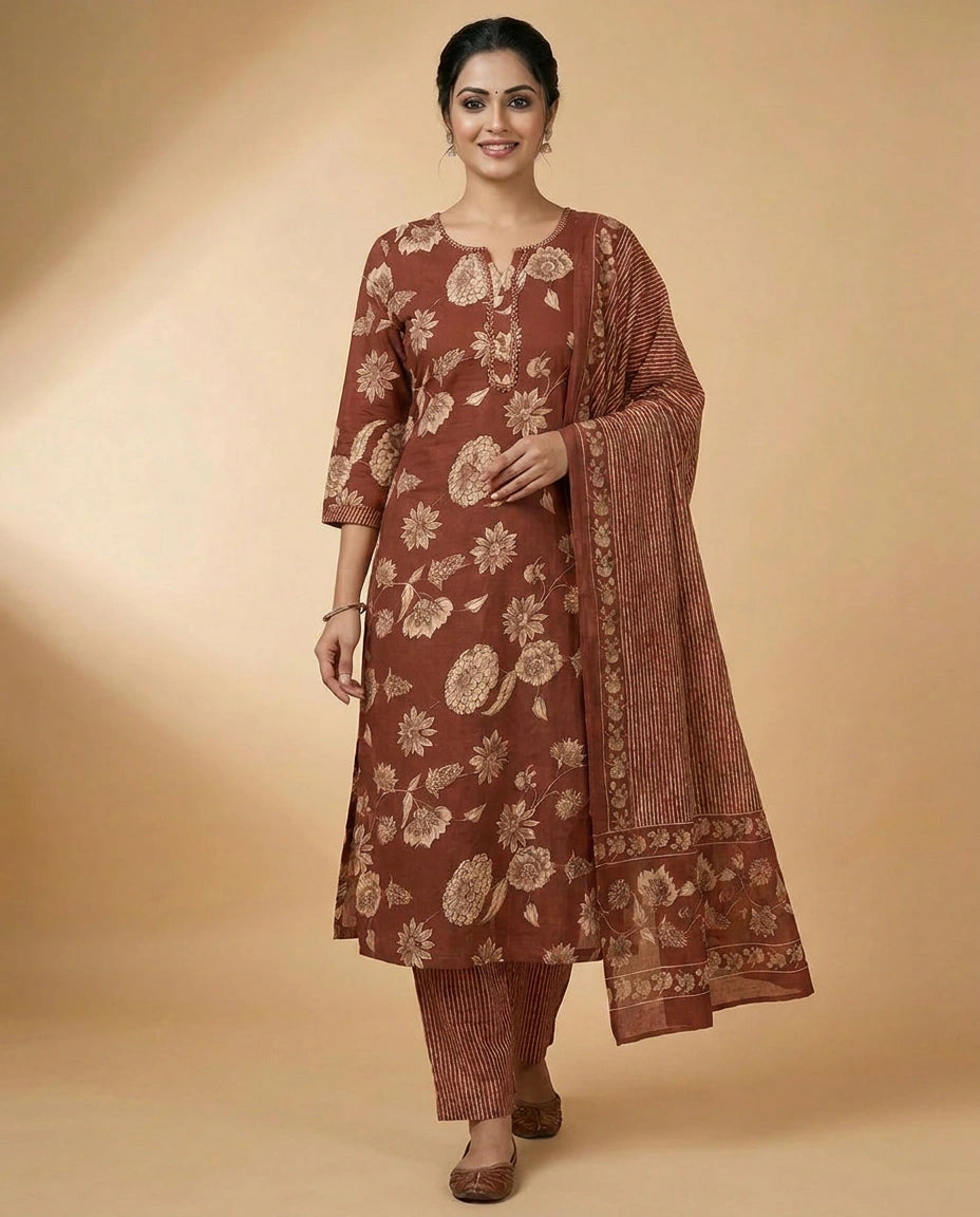 Cotton Straight Suit with Floral Print - Rangoli India
