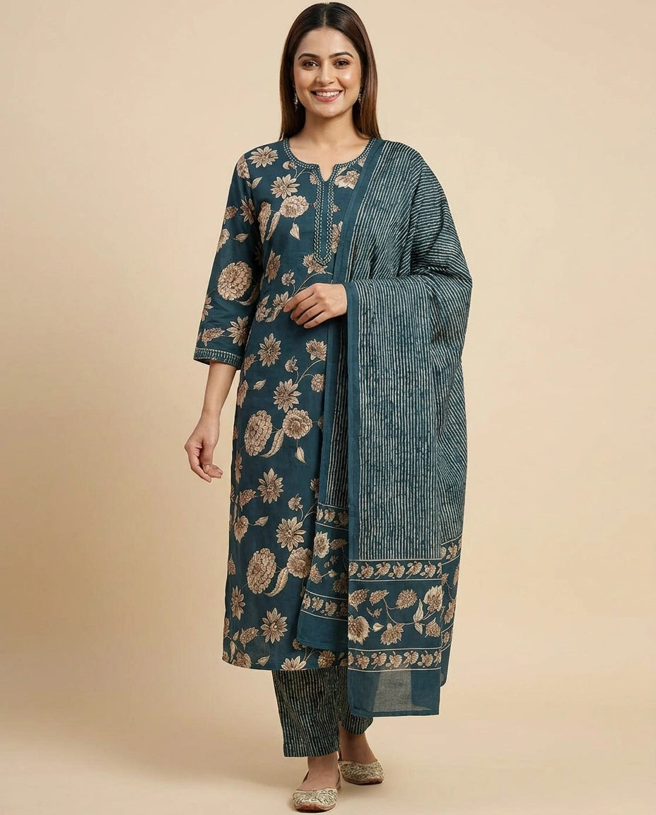 Cotton Straight Suit with Floral Print - Rangoli India