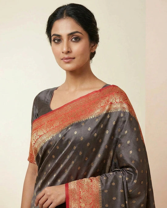 Tussar Silk Banarasi Saree with Handwoven Gold Zari Border by Rangoli
