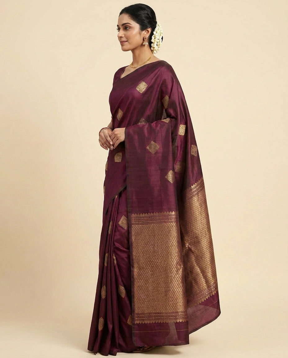 Kanchipuram Silk Katan Saree with Geometric Border - Rangoli India