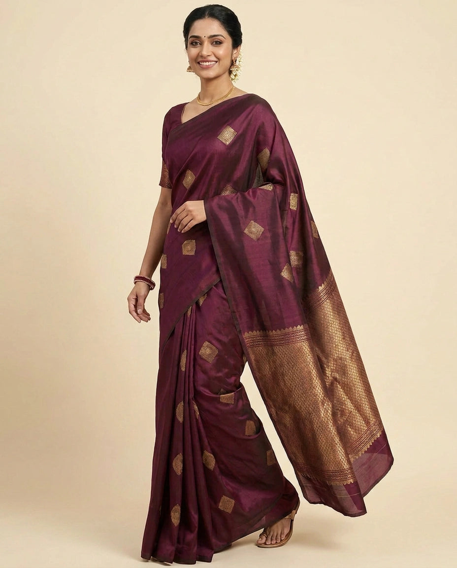 Kanchipuram Silk Katan Saree with Geometric Border - Rangoli India