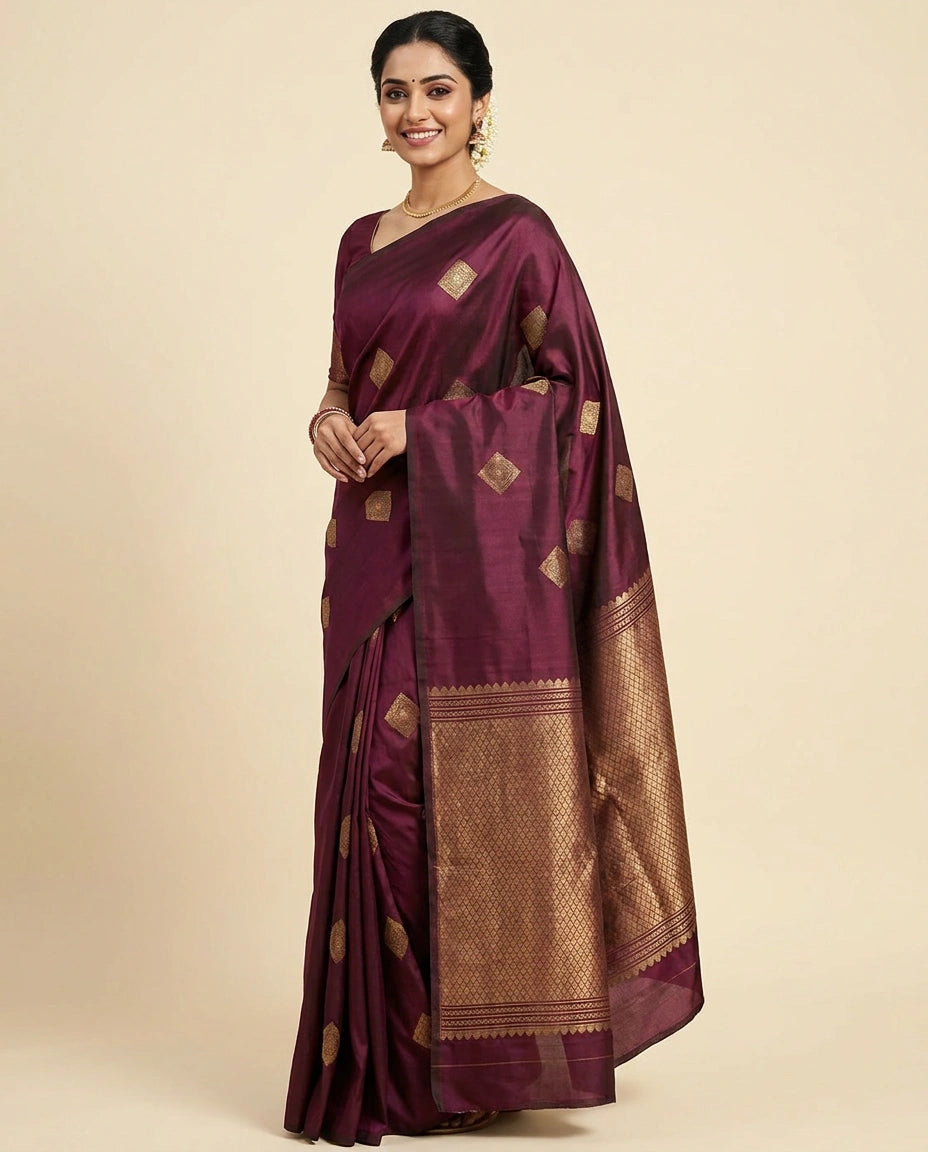 Kanchipuram Silk Katan Saree with Geometric Border - Rangoli India