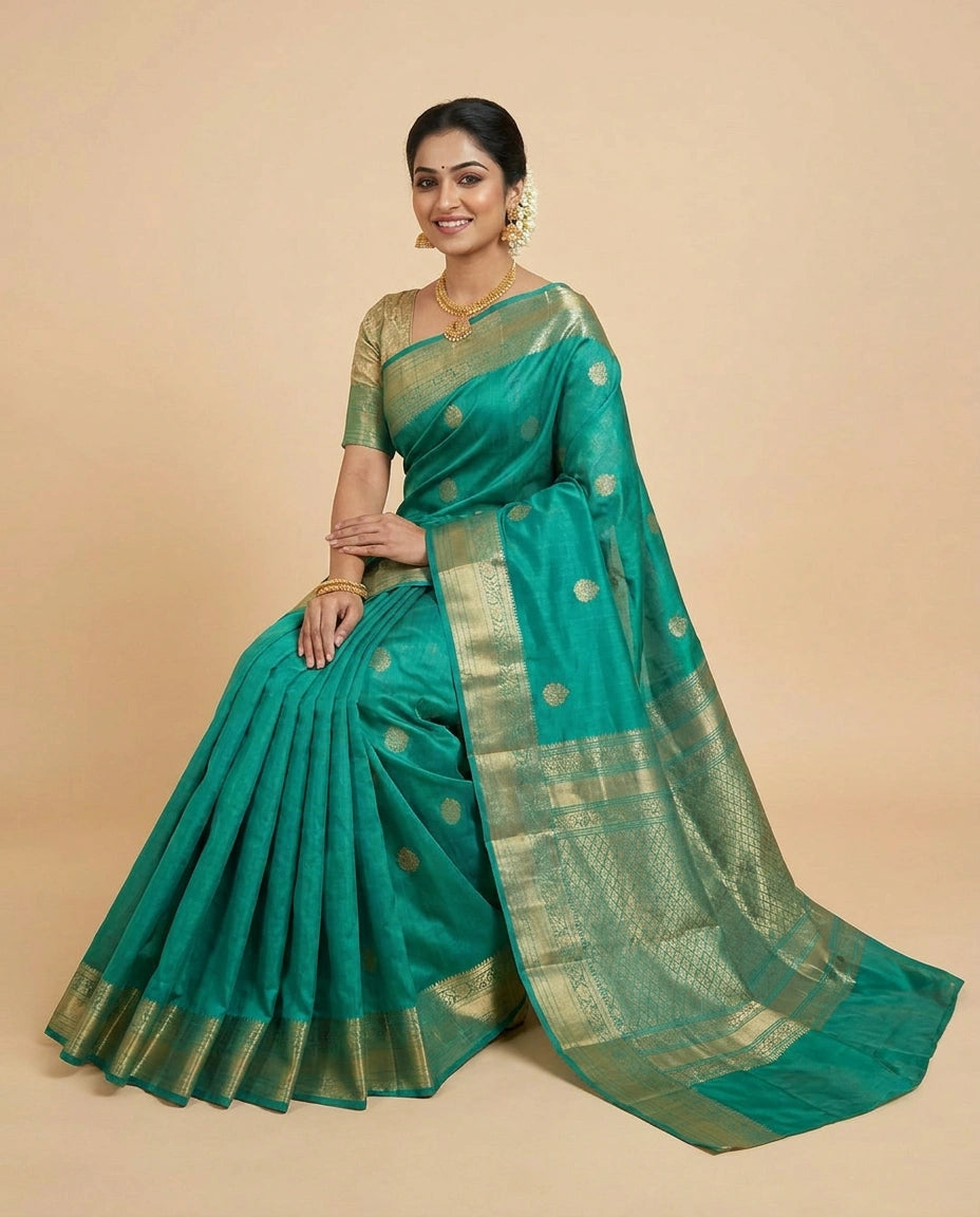 Kanchipuram Silk Katan Saree with Contrasting Pallu - Rangoli India
