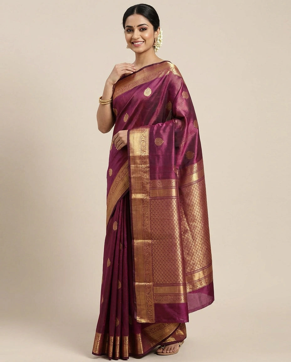 Kanchipuram Silk Katan Saree with Contrasting Pallu - Rangoli India