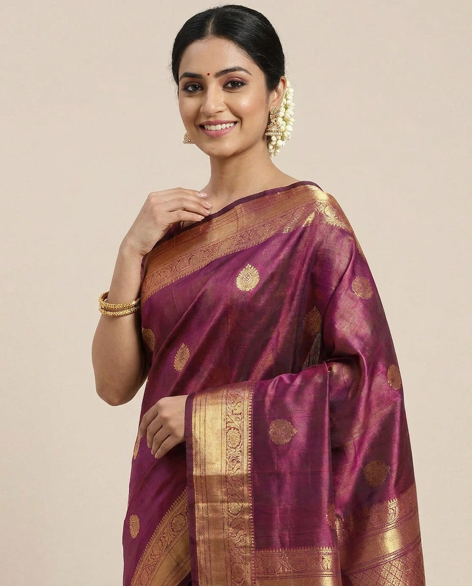 Kanchipuram Silk Katan Saree with Contrasting Pallu - Rangoli India