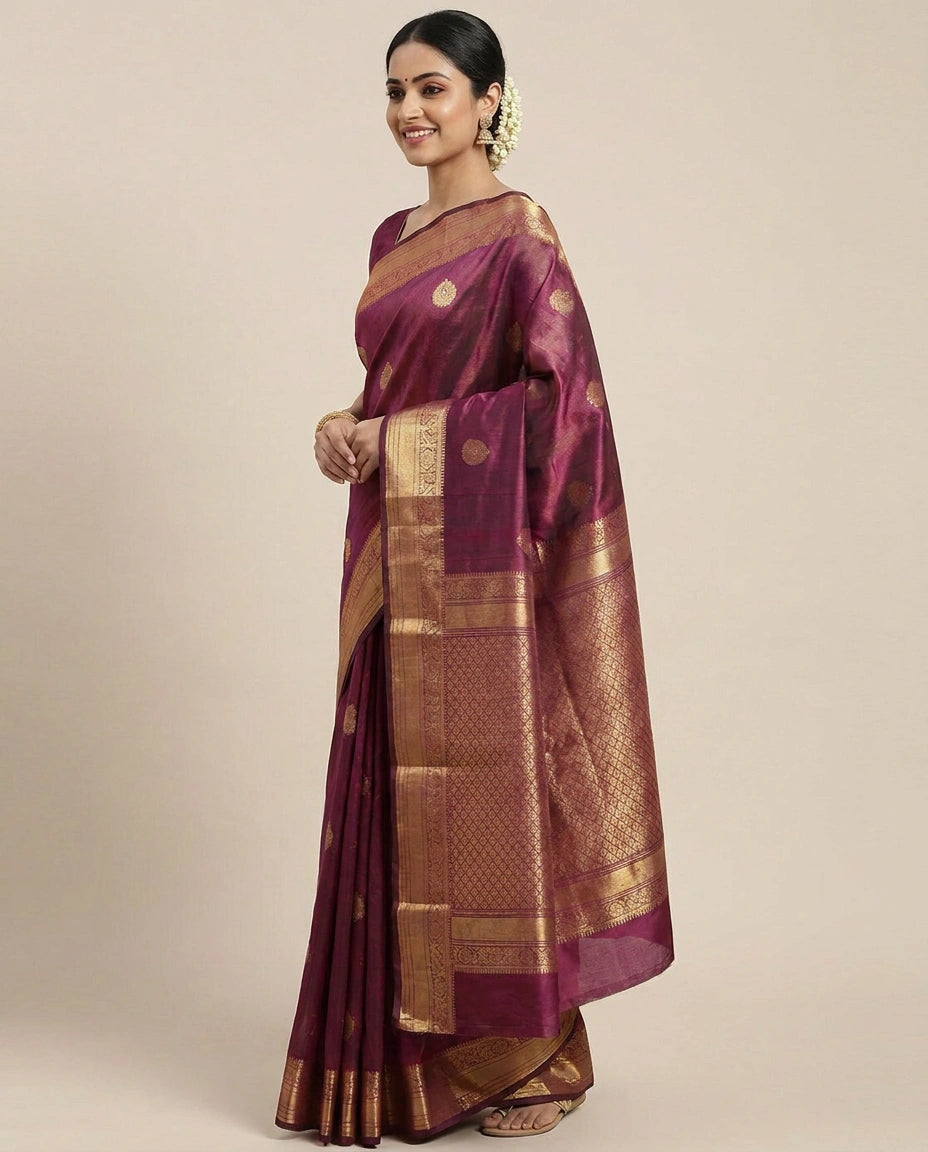 Kanchipuram Silk Katan Saree with Contrasting Pallu - Rangoli India