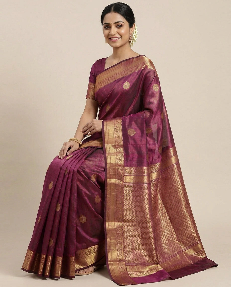 Kanchipuram Silk Katan Saree with Contrasting Pallu - Rangoli India