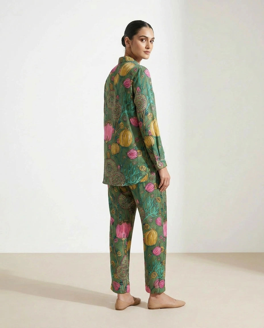 Green Crepe Silk Co-ord Set with Co-ord Styling view 3