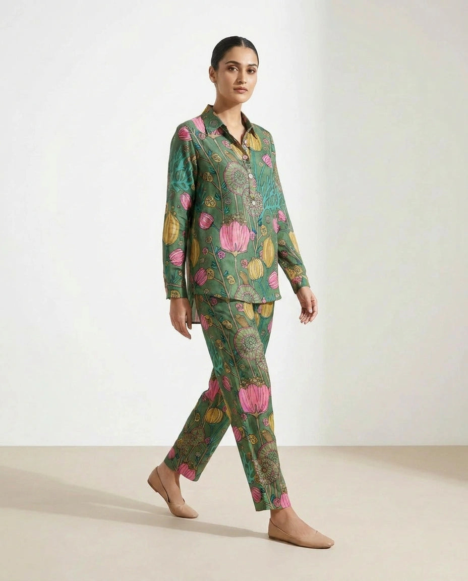 Green Crepe Silk Co-ord Set with Co-ord Styling view 4