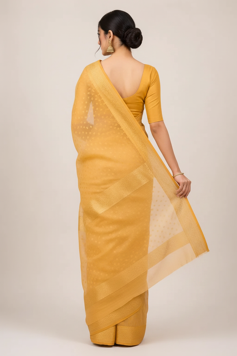 Woman wearing a mustard yellow saree on a beige background