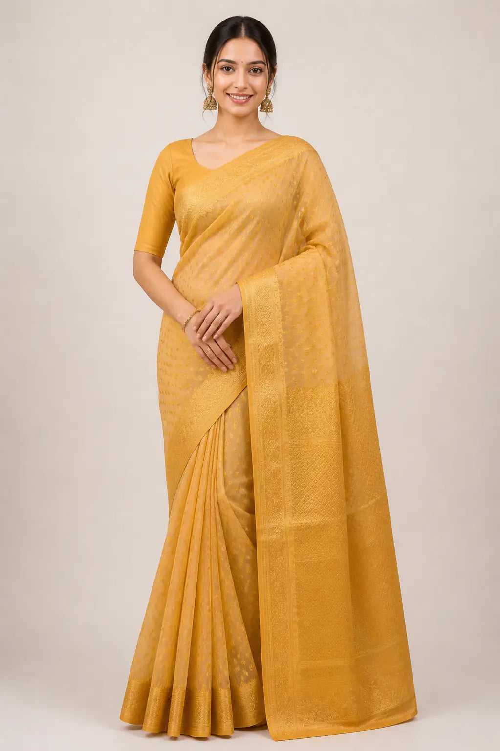 Mustard Banarasi Pure Cotton Saree with Self Zari Weave