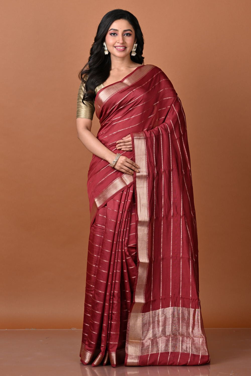 Maroon Cotton Linen Printed Saree