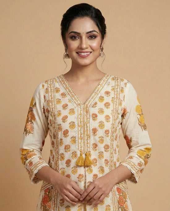 Off White Cotton A-Line Suit with Floral Print - Rangoli India