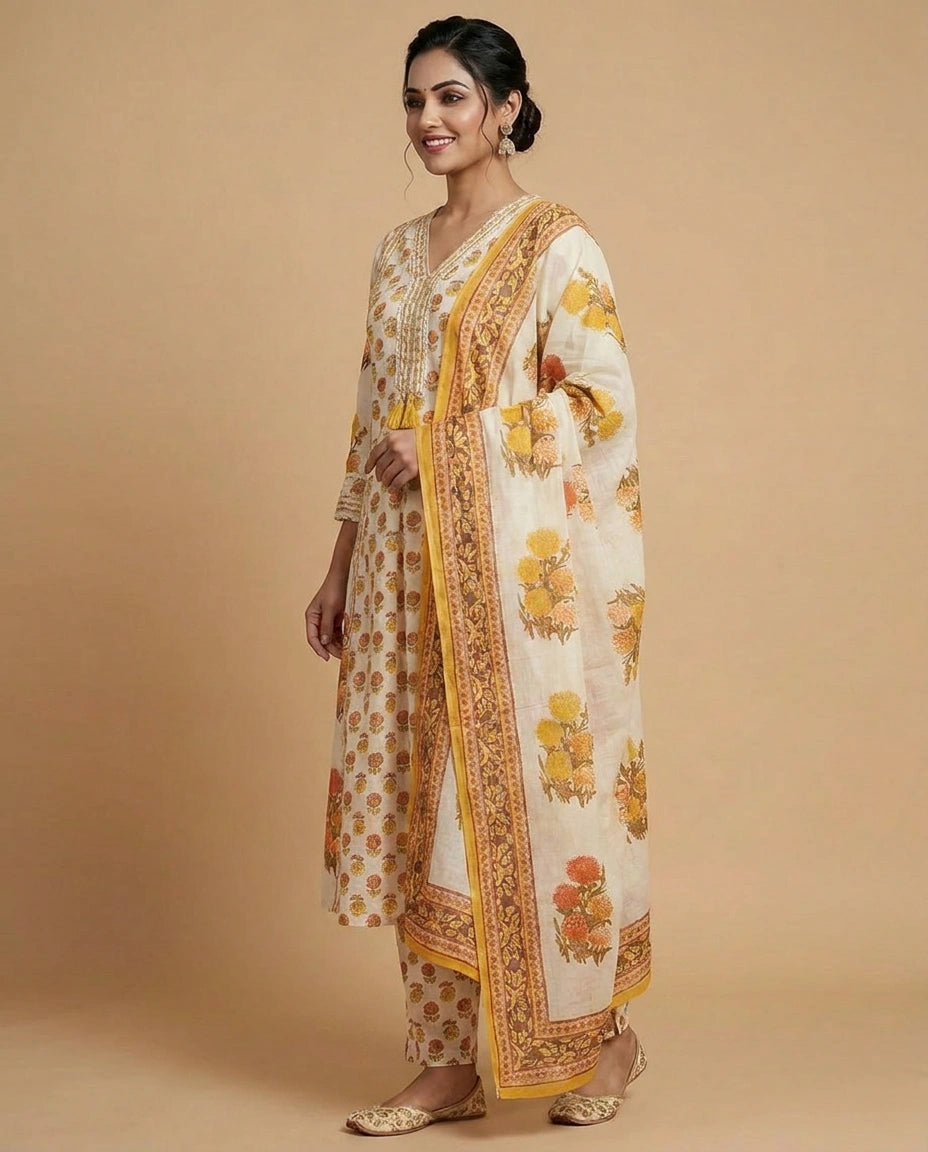 Off White Cotton A-Line Suit with Floral Print - Rangoli India