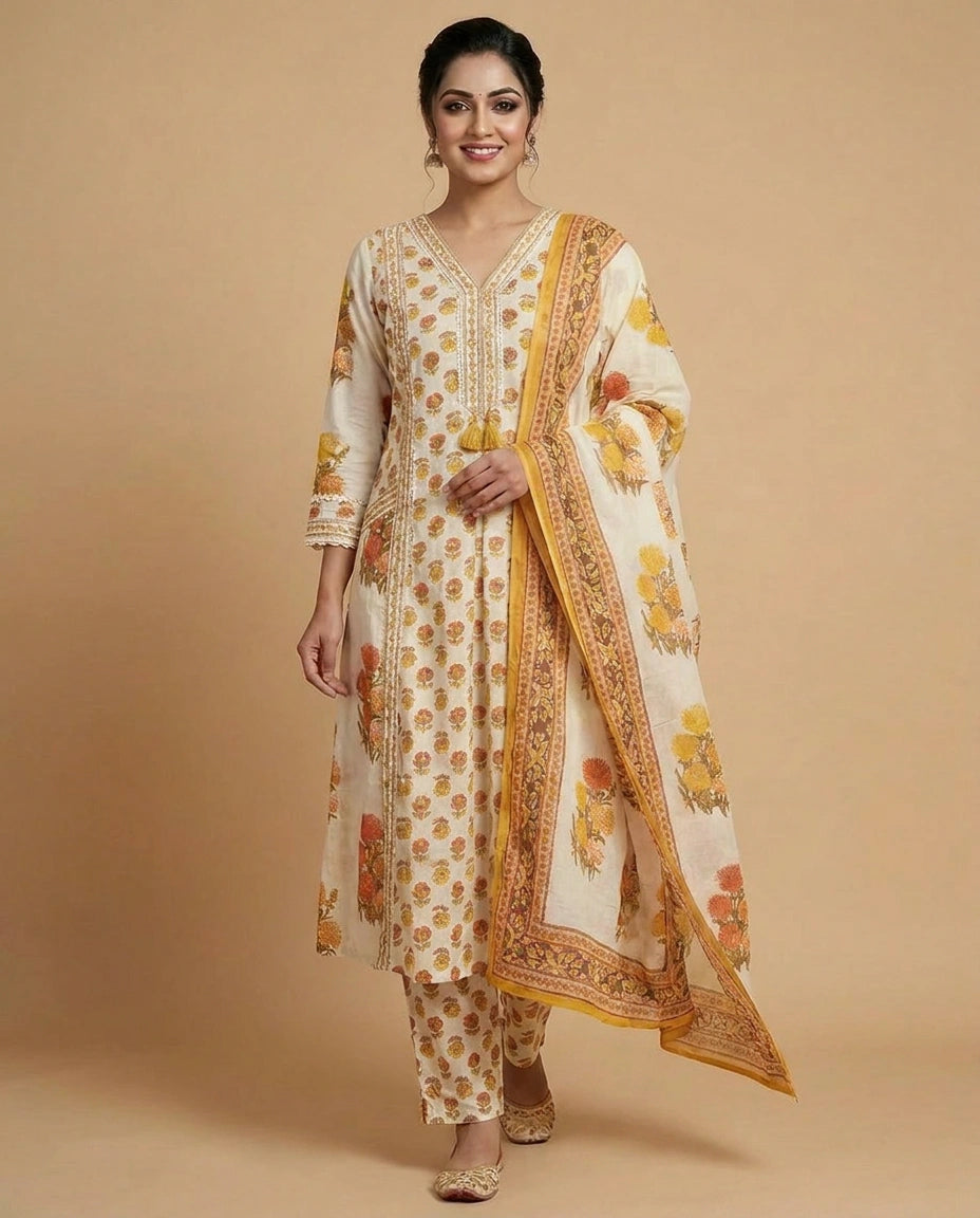 Off White Cotton A-Line Suit with Floral Print - Rangoli India