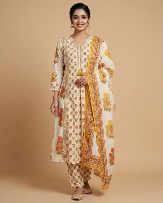 Off White Cotton A-Line Suit with Floral Print - Rangoli India