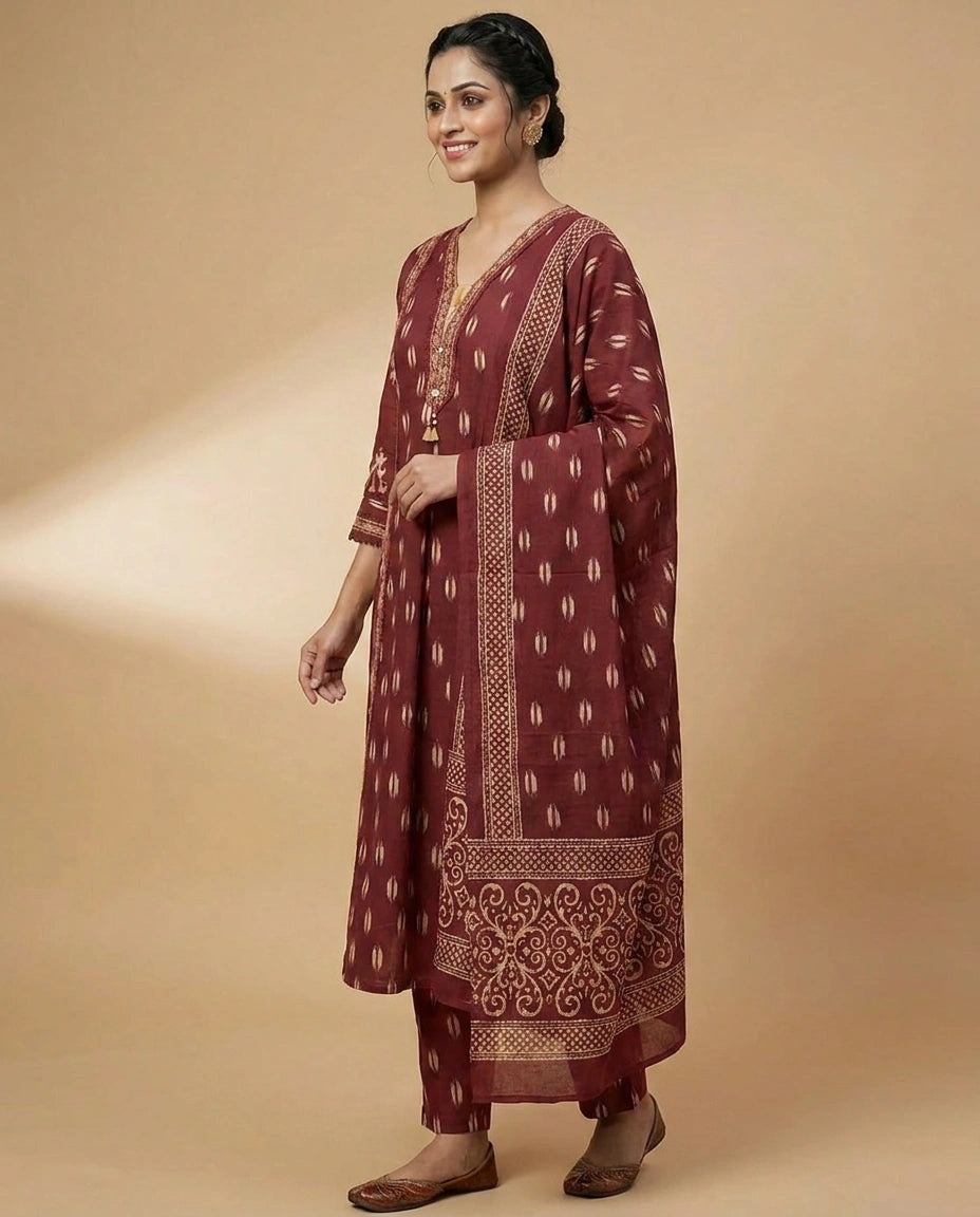 Maroon Cotton A-Line Suit with Floral Motif - Rangoli India