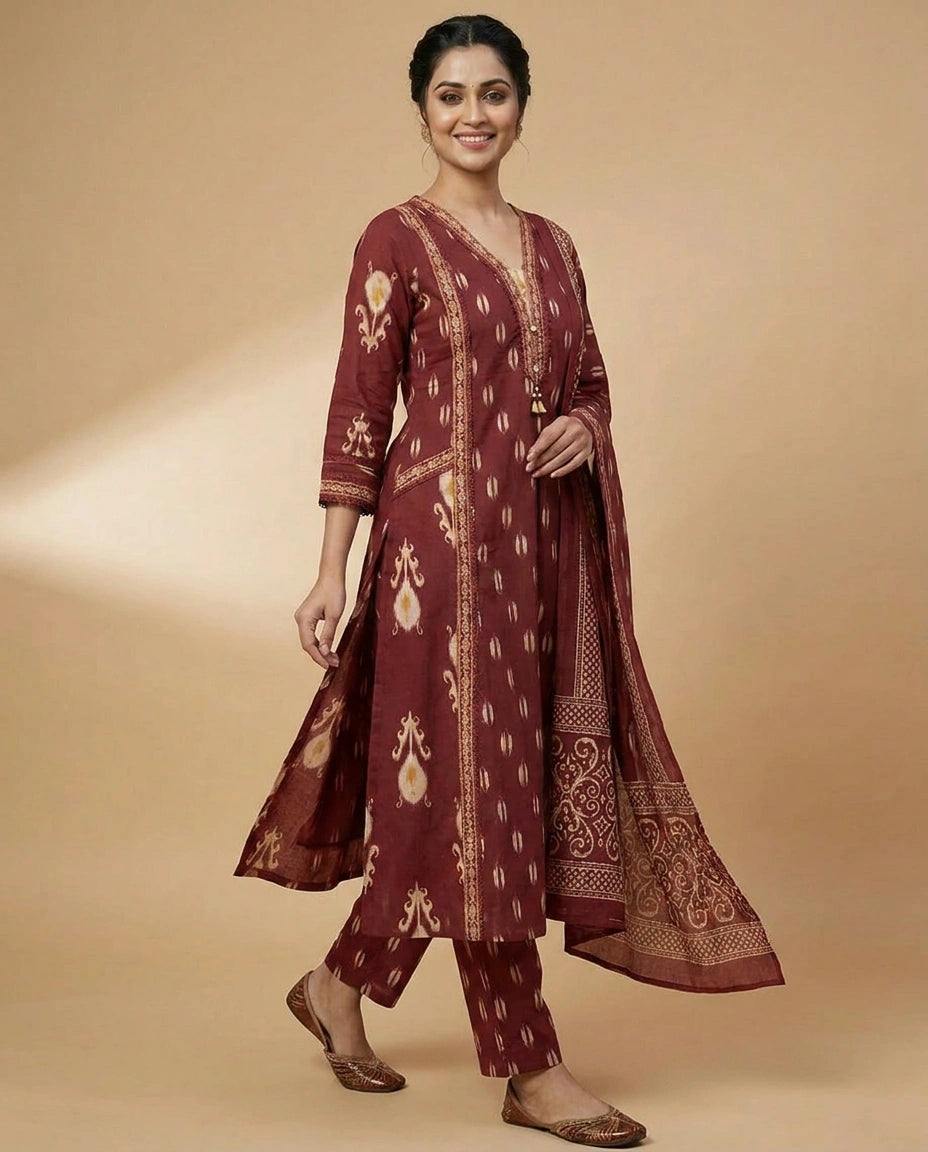 Maroon Cotton A-Line Suit with Floral Motif - Rangoli India