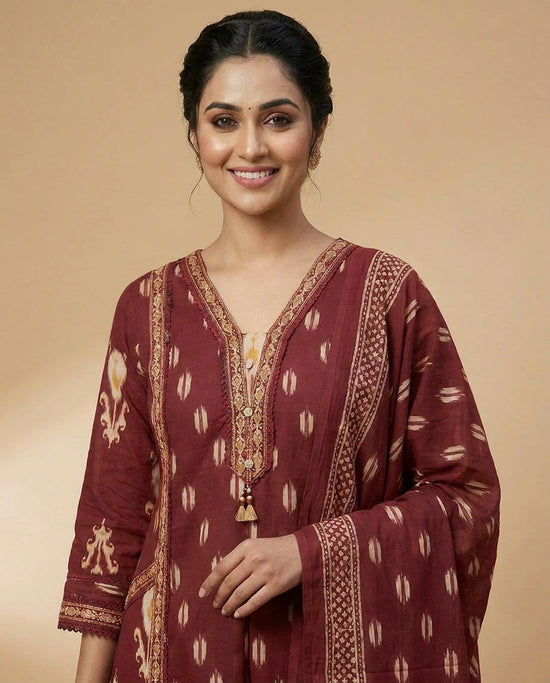 Maroon Cotton A-Line Suit with Floral Motif - Rangoli India